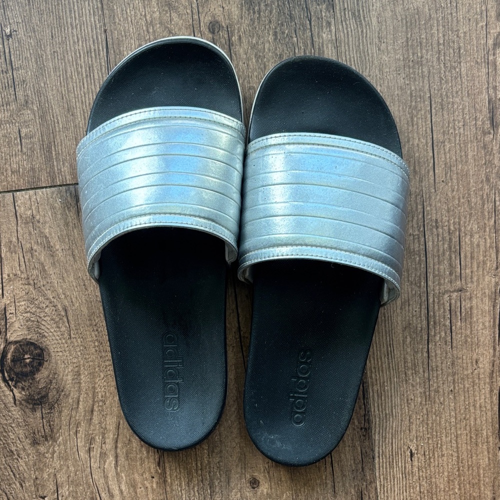Adidas Metallic Silver and Black Slides
